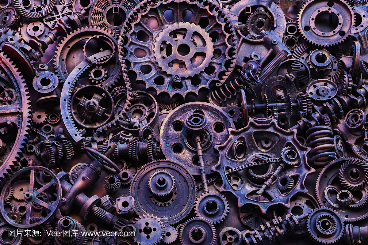 蒸汽朋克的紋理,背景與機械零件,齒輪,蒸汽朋克齒輪,堆汽車零件,舊生銹的鐵鏈,彈簧,車輪,接近